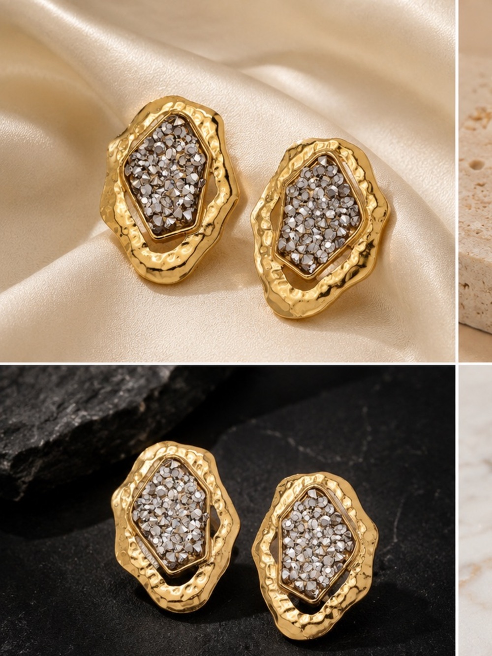 Gold-Tone Cluster Stud Earrings with Silver Pavé Center - Picture 2 of 4
